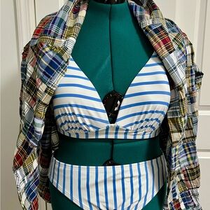 Blue/White Stripe Bikini w/Madras Plaid Cover Up & 2 sets Coordinated Earrings